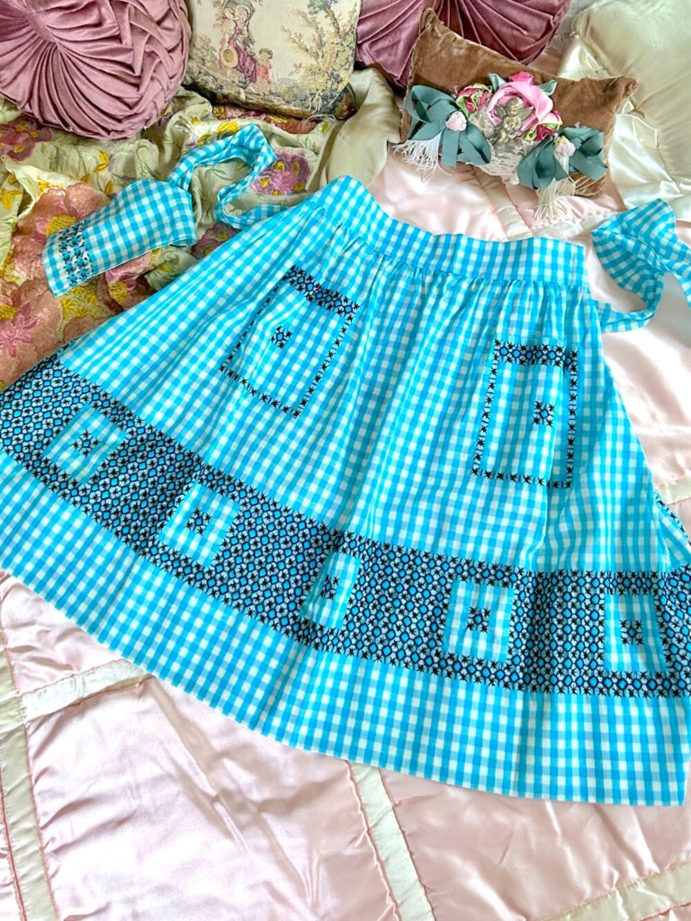 Vintage Blue and White Gingham Half Apron, Handmade, Black Embroidery, Retro